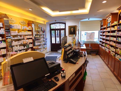 Apotheke mit Empfangstresen, Regalen voller Medikamente und Fenster im Hintergrund.